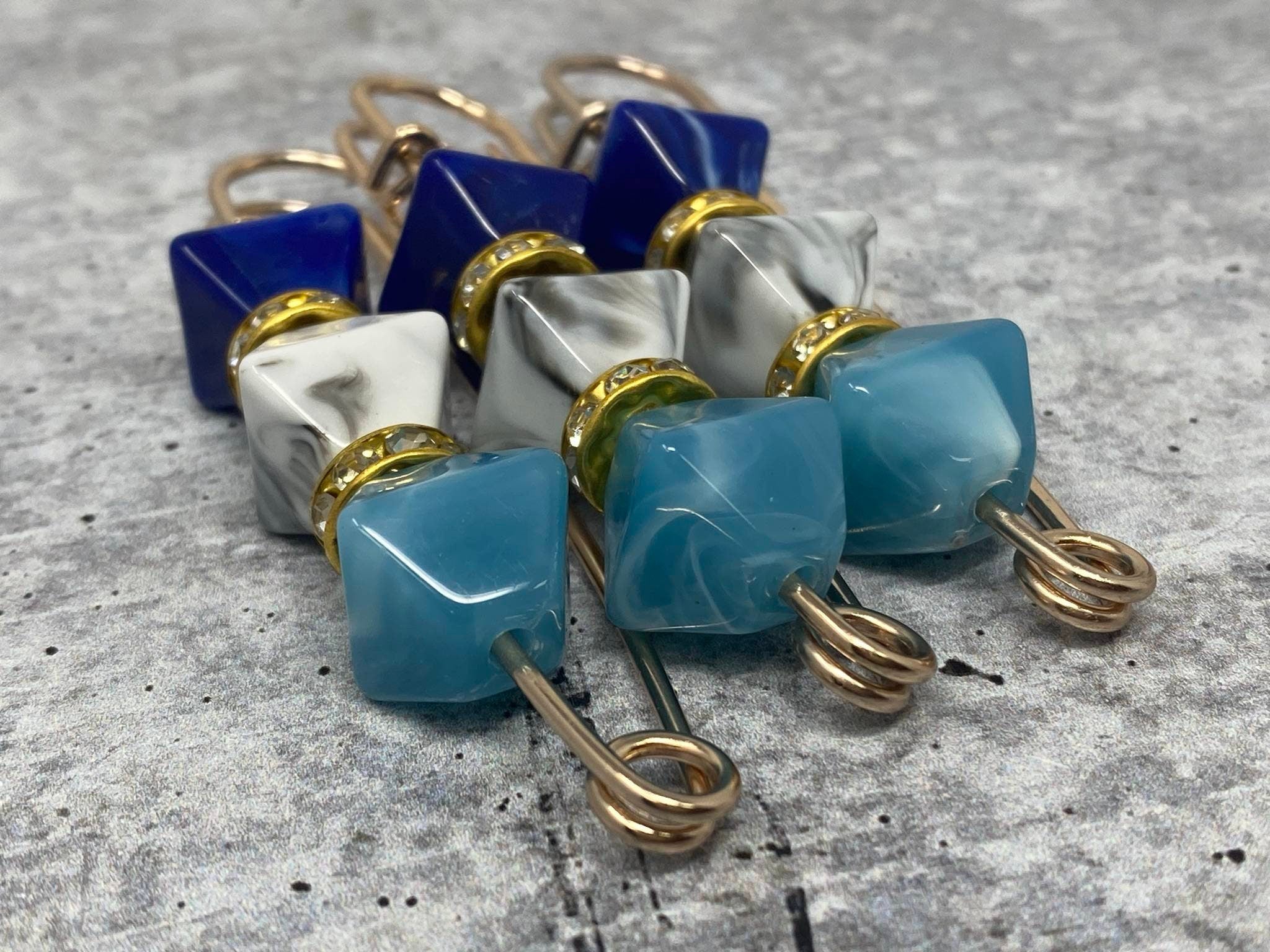 6-pc set, Shades of BLUE Resin Beads w/Gold Bling, Safety Pin