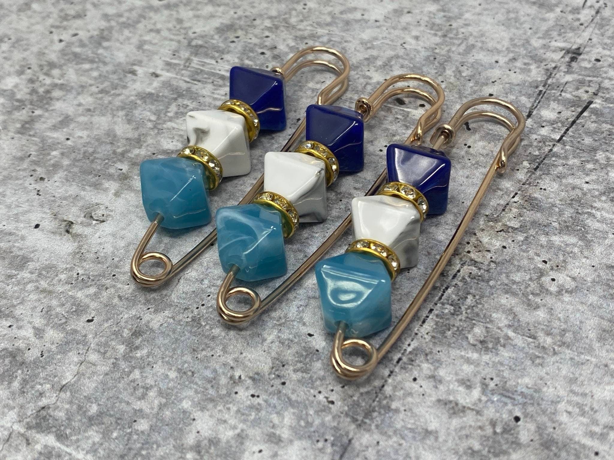 6-pc set, Shades of BLUE Resin Beads w/Gold Bling, Safety Pin Brooches for Clothing Safety Pins for Crafting, DIY Tools, Size 3", Alloy Pins
