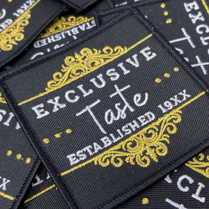 New Arrival, "Exclusive Taste, Established 19XX", 3" inch, Diy Applique, Iron-on Patch, Jacket Patch, Black & Metallic Gold, Embroidered