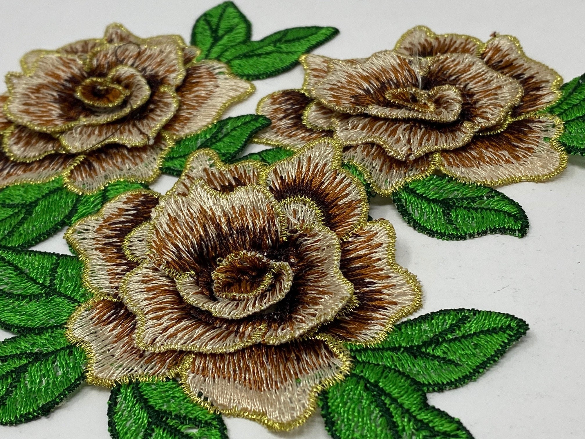 NEW, 2 pc set, Brown & Gold Roses (size 4-inches), matching lace sew-on  floral patches (2 pcs), Flower Patches, Rose Lace Patches