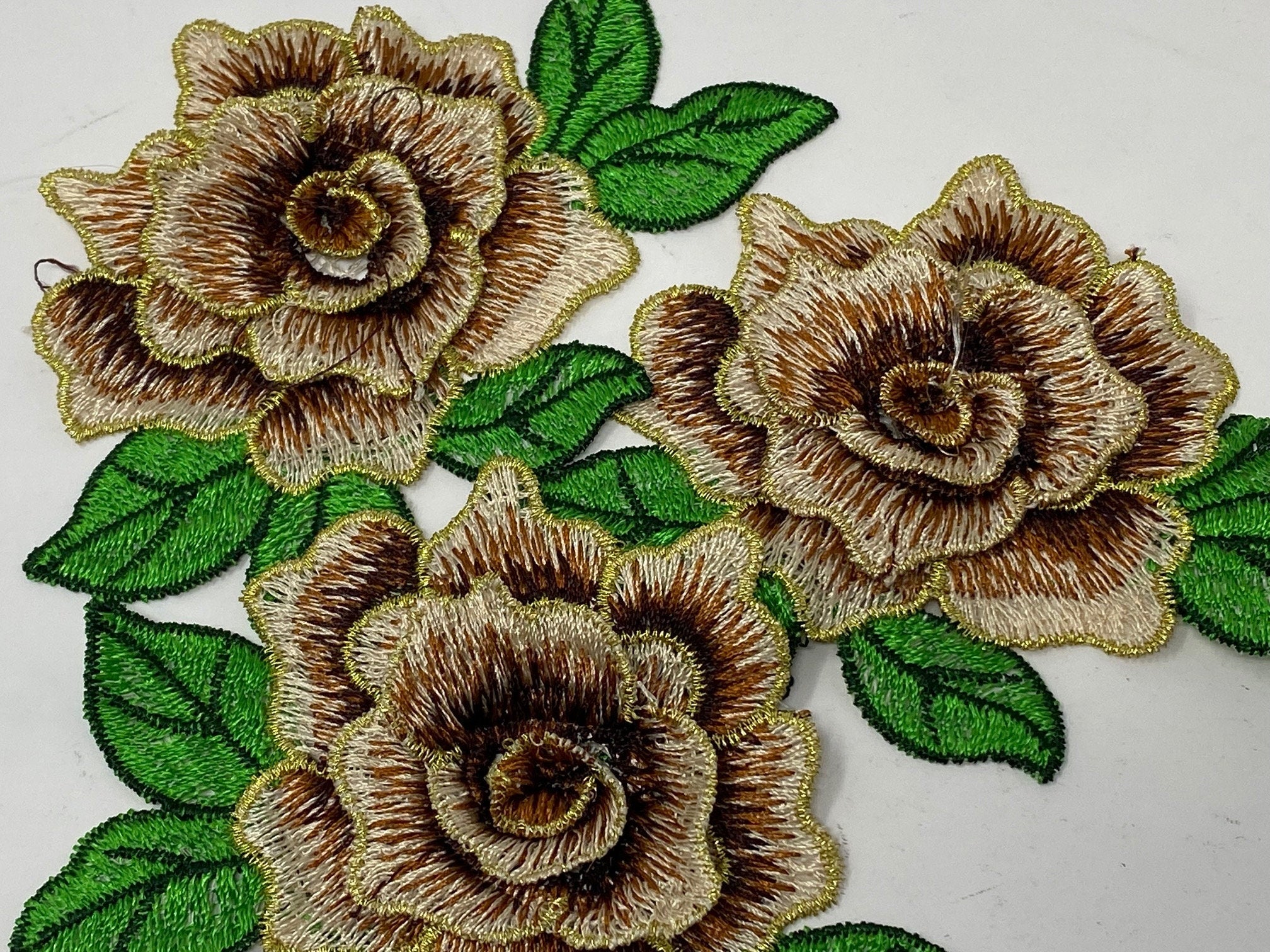 NEW,  2 pc set, Brown & Gold Roses (size 4-inches), matching lace sew-on floral patches (2 pcs), Flower Patches, Rose Lace Patches