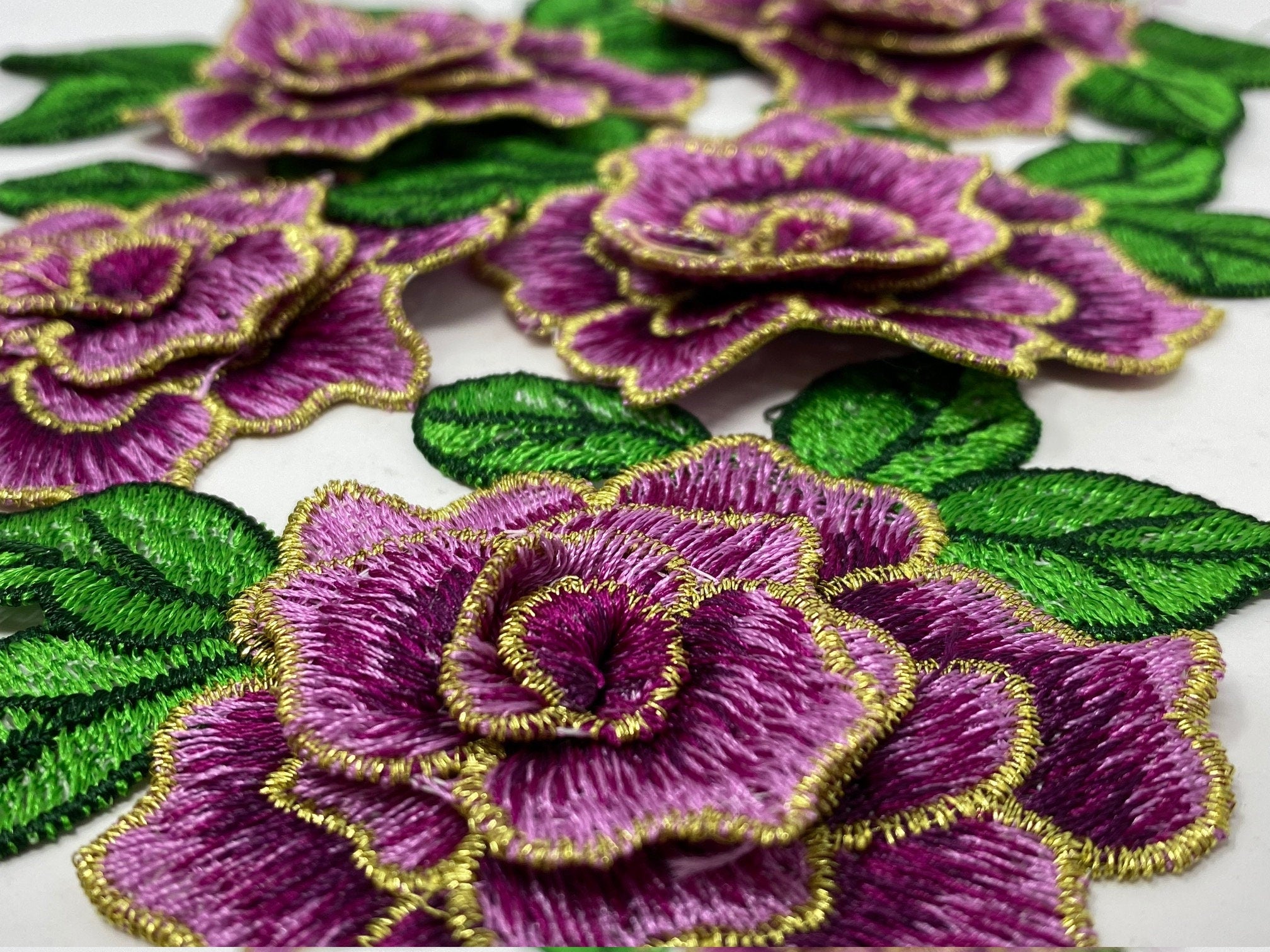 NEW,  2 pc set, Purple & Gold Roses (size 4-inches), matching lace sew-on floral patches (2 pcs), Flower Patches, Rose Lace Patches
