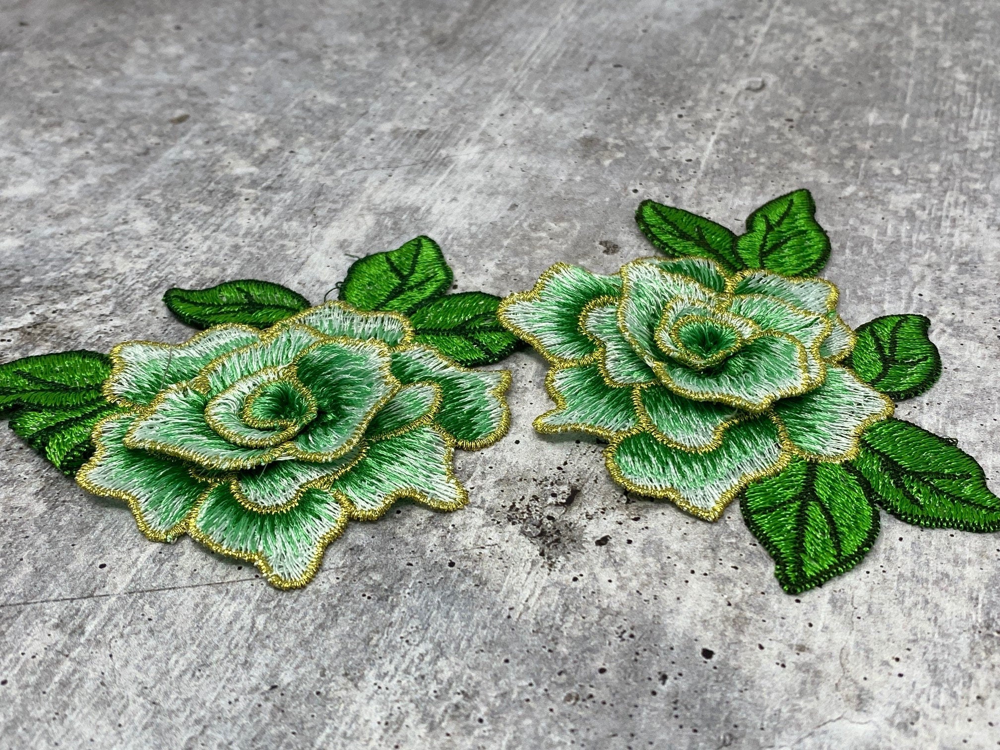NEW,  2 pc set, Mint Green & Gold Roses (size 4-inches), matching lace sew-on floral patches (2 pcs), Flower Patches, Rose Lace Patches