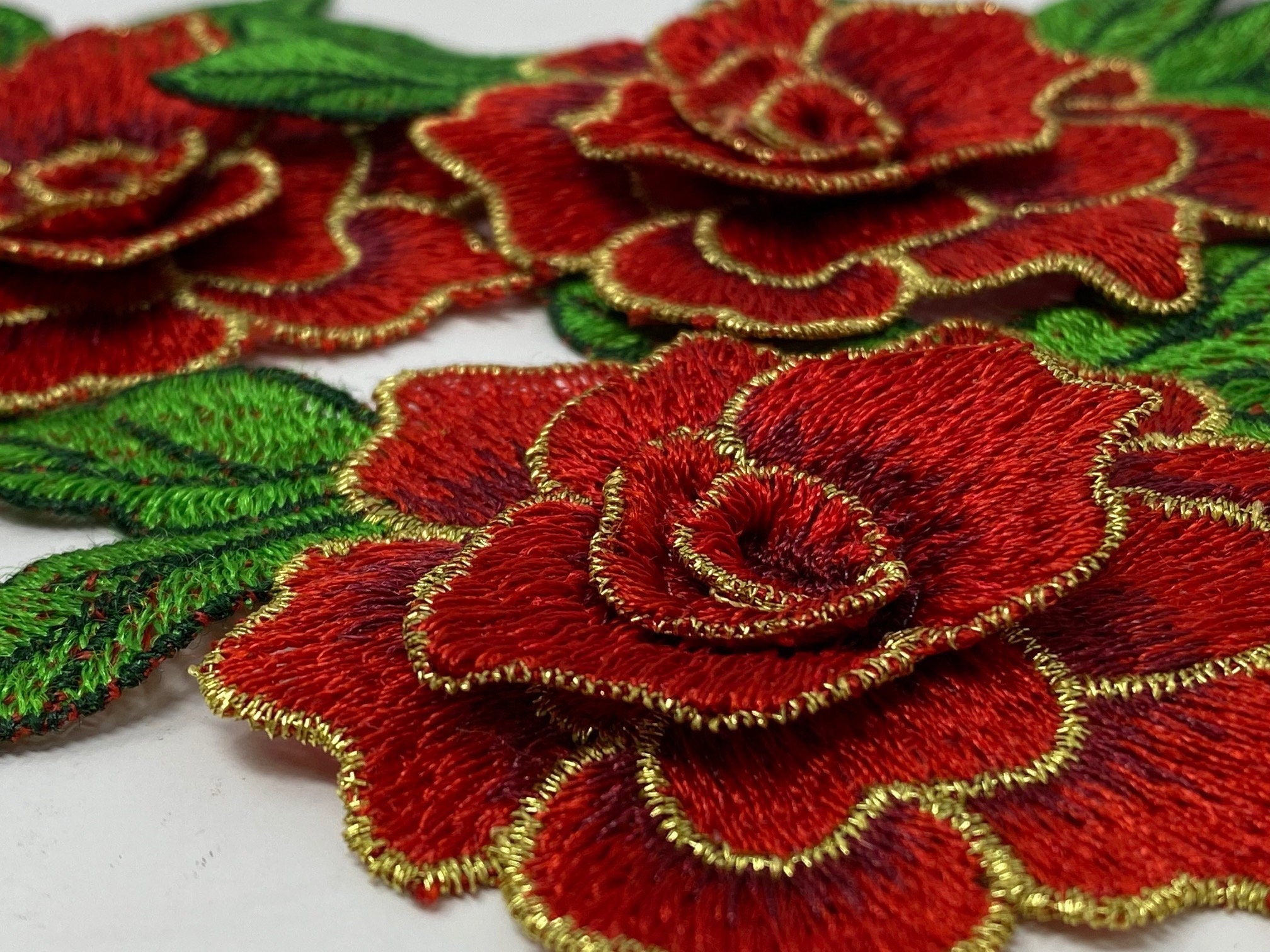 NEW,  2 pc set, Red & Gold Roses (size 4-inches), matching lace sew-on floral patches (2 pcs), Flower Patches, Rose Lace Patches