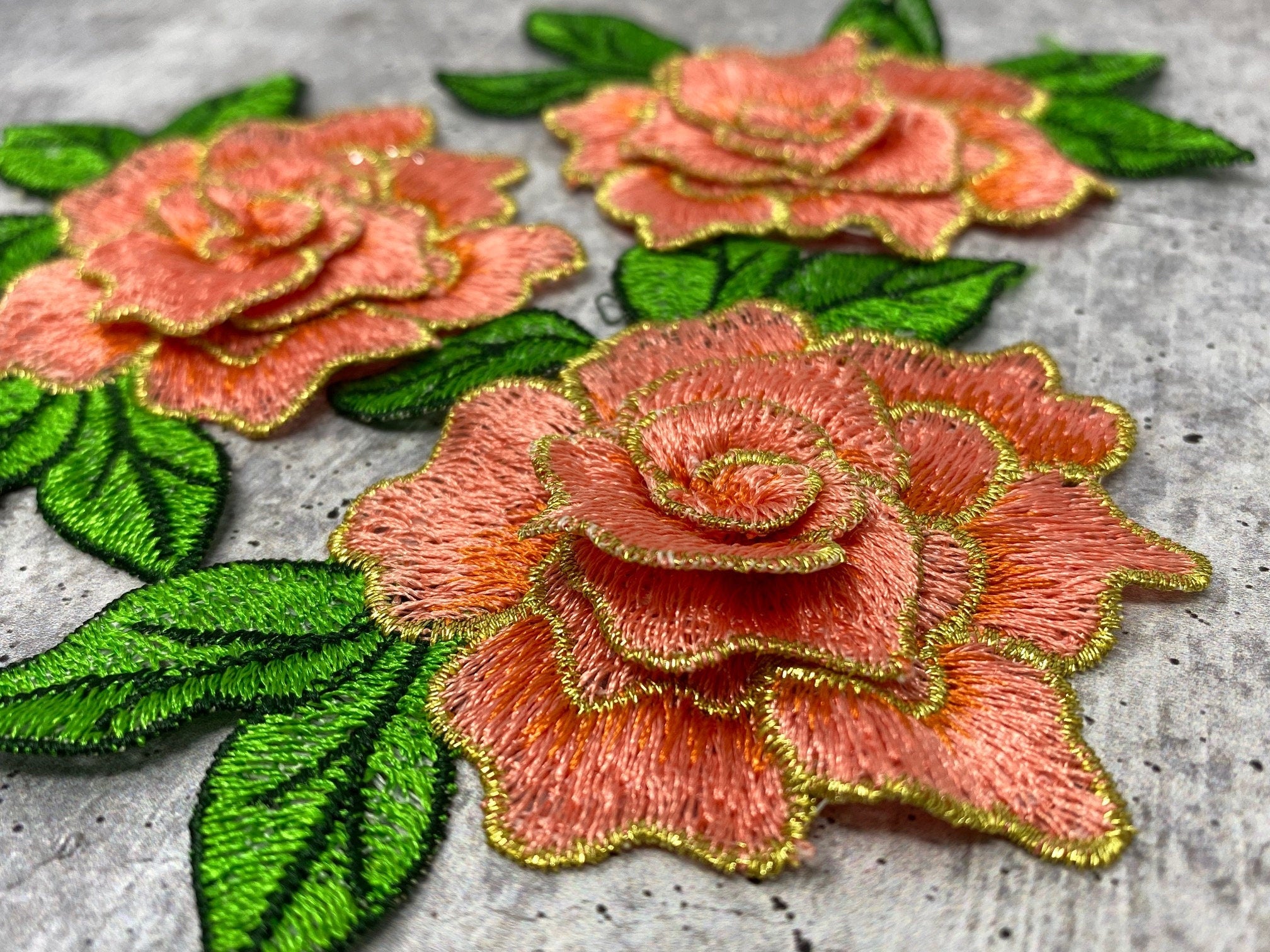 NEW, 2 pc set, Peach & Gold Roses (size 4-inches), matching lace sew-on  floral patches (2 pcs),Flower Patches, Rose Lace Patches