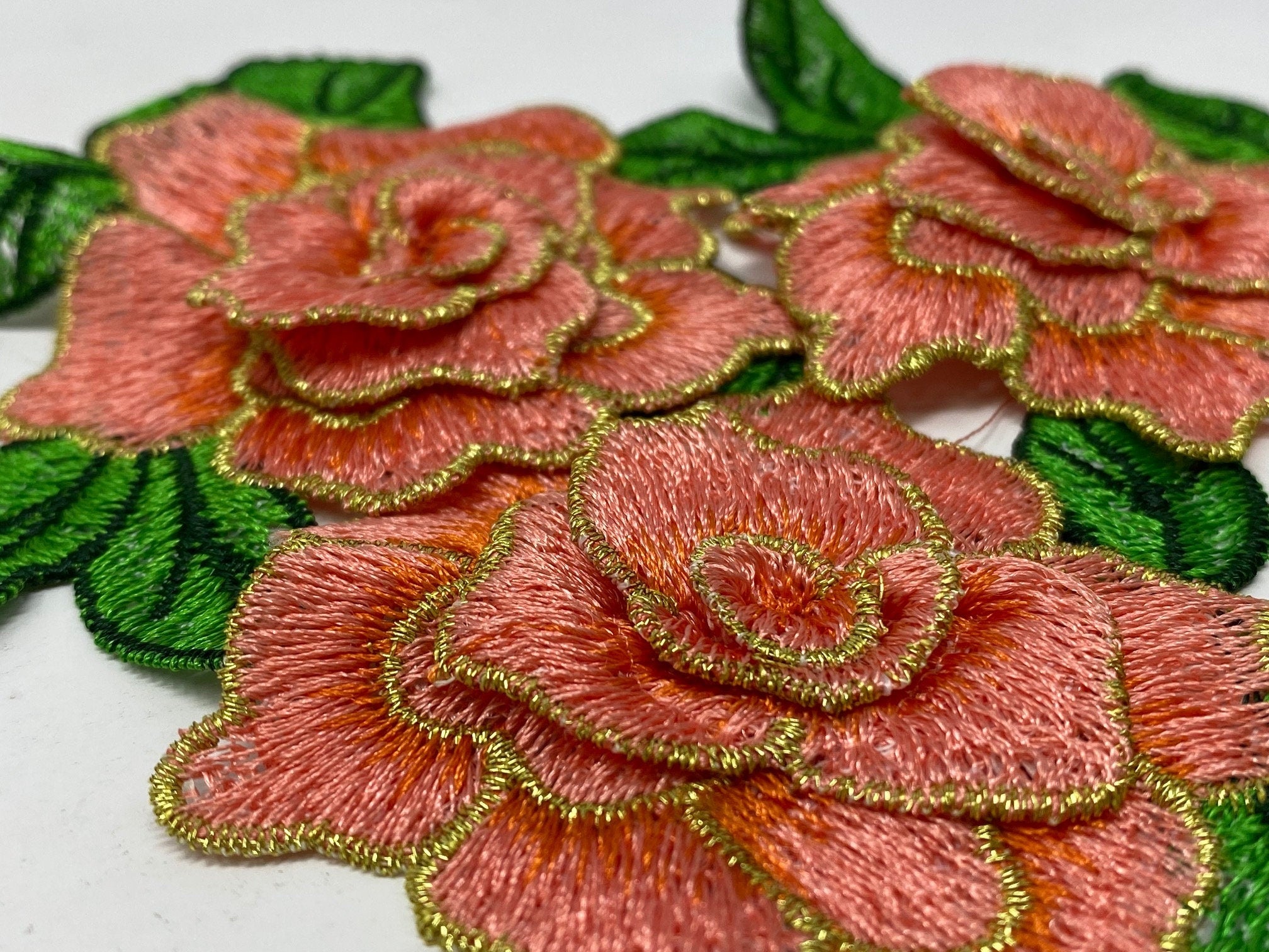 NEW, 2 pc set, Peach & Gold Roses (size 4-inches), matching lace sew-on floral patches (2 pcs),Flower Patches, Rose Lace Patches