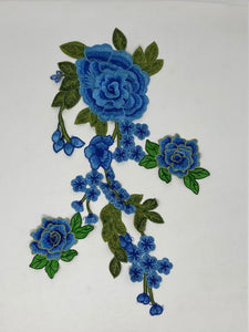 NEW, 2 Pc. 3D Blue Lace Flowers With Leaves and Stems, Sew-on Lace Flower Set, Great for Shoes, Denim, Jackets, Etc., Size 14 inches