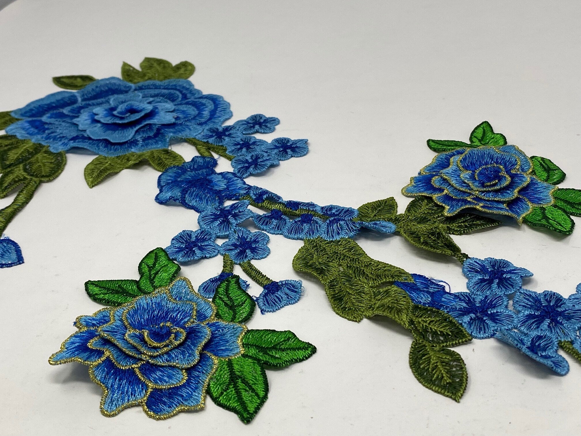 NEW, 2 Pc. 3D Blue Lace Flowers With Leaves and Stems, Sew-on Lace Flower Set, Great for Shoes, Denim, Jackets, Etc., Size 14 inches