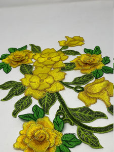 NEW, 2 Pc. 3D Yellow Lace Flowers with Leaves and Stems, Sew-on Lace Flower Set, Great for Shoes, Denim,Jackets, Etc. Size 10.5 inches
