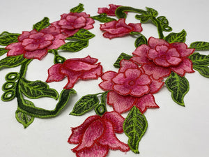 NEW, 2 Pc.,3D Pink Lace Flowers with Leaves and Stems, Sew-on Lace Flower Set, Great for Shoes, Denim,Jackets, Sweaters, Etc. Size 12 inches