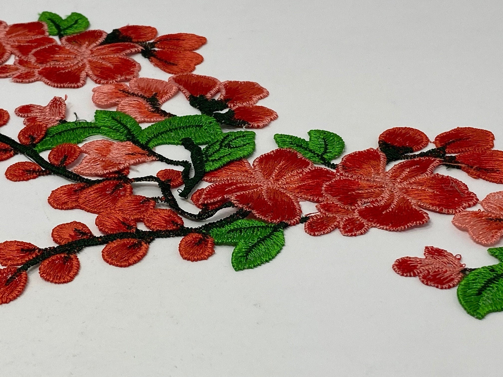NEW, 2 Pc., Red Lace Flowers with Leaves and Stems, Sew-on Lace Flower Set, Great for Shoes, Denim,Jackets, Sweaters, Etc. Size 12 inches