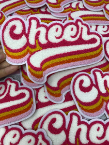 Chenille, "Colorful Cheer" Pink/Gold/Orange/White, Varsity Patch, Iron-on Applique for Jackets, Camo, & Bags, Size 7.5", Cheerleader Patch