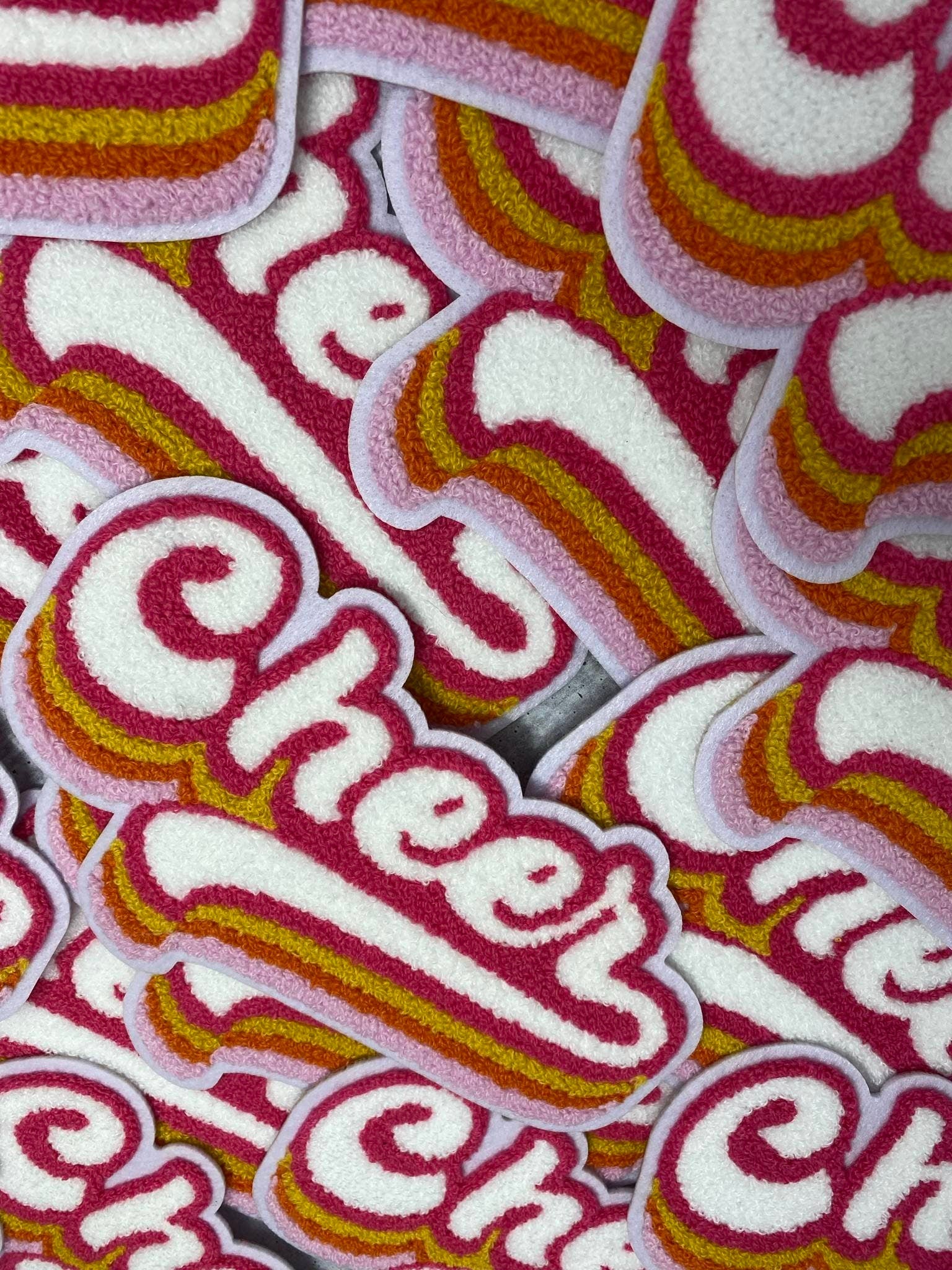 Chenille, "Colorful Cheer" Pink/Gold/Orange/White, Varsity Patch, Iron-on Applique for Jackets, Camo, & Bags, Size 7.5", Cheerleader Patch