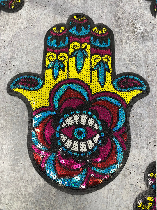 New Arrival, "Hamsa Eye Patch," XLarge Sequins Iron-on Patch, Colorful, Cool Bling Patch, DIY Applique; Vintage Patch, Size 10.5"