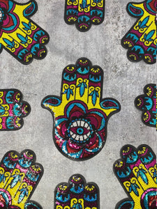 New Arrival, "Hamsa Eye Patch," XLarge Sequins Iron-on Patch, Colorful, Cool Bling Patch, DIY Applique; Vintage Patch, Size 10.5"