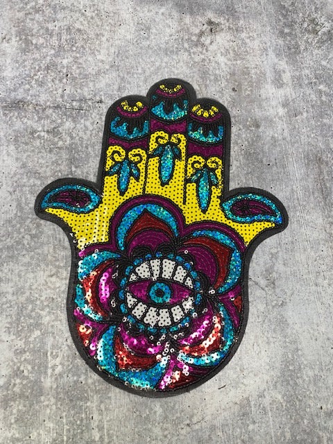 New Arrival, "Hamsa Eye Patch," XLarge Sequins Iron-on Patch, Colorful, Cool Bling Patch, DIY Applique; Vintage Patch, Size 10.5"