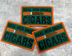 Cigar Lovers,"Real Men Smoke Cigars" 1-pc, Smokers Gift, Cool Embroidered Patch, Green & Orange, Size 3"x2" Iron-on, Patches for Men