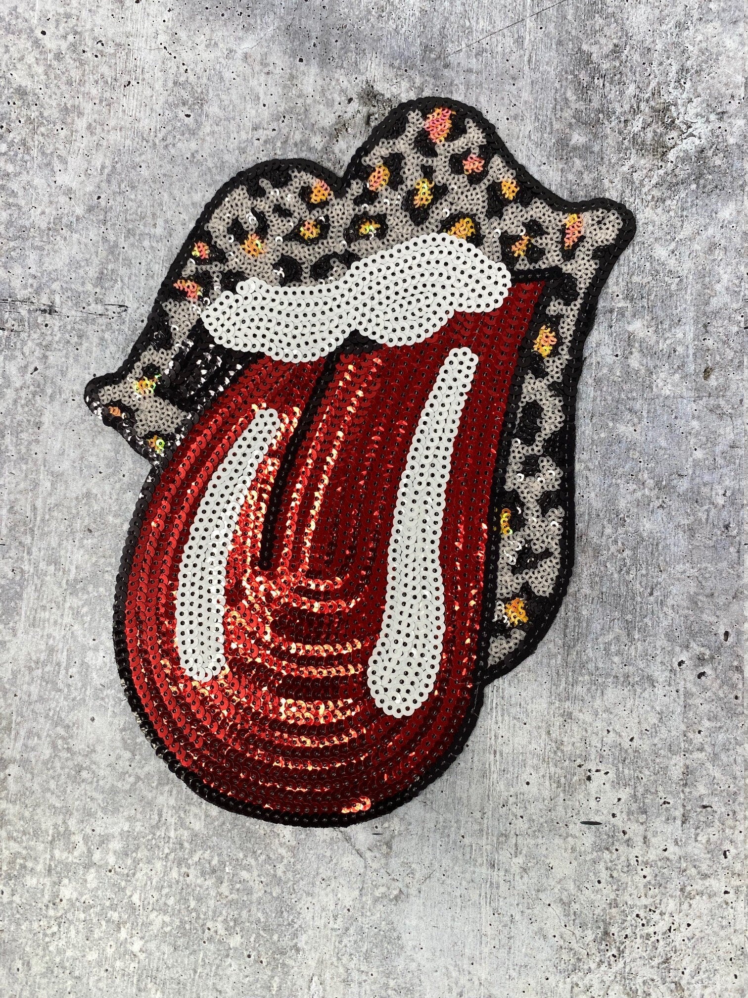 New, "Leopard" Sequins Lips and Tongue Patch (iron-on) Size 10", LARGE Bling Patch for Denim Jacket, Shirts, Hoodies, and More
