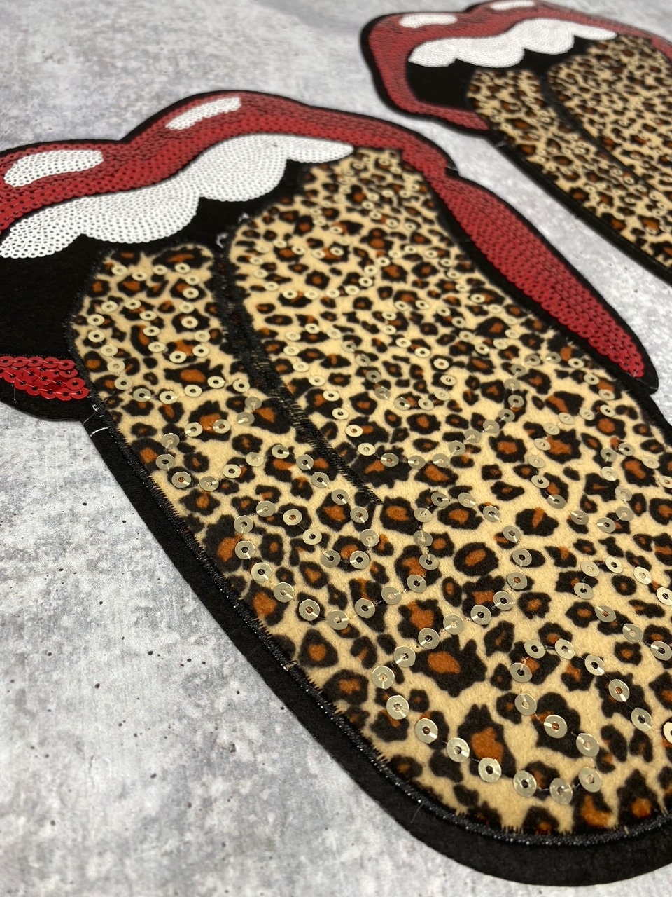 NEW, Leopard Sequin Lips With Velvet Tongue Patch (iron-on) Size 12", LARGE Bling Patch for Denim Jacket, Shirts, Hoodies, and More