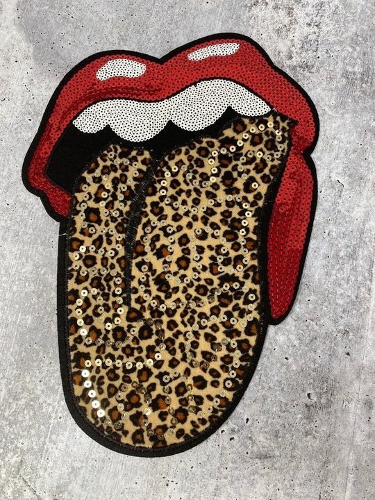 NEW, Leopard Sequin Lips With Velvet Tongue Patch (iron-on) Size 12", LARGE Bling Patch for Denim Jacket, Shirts, Hoodies, and More