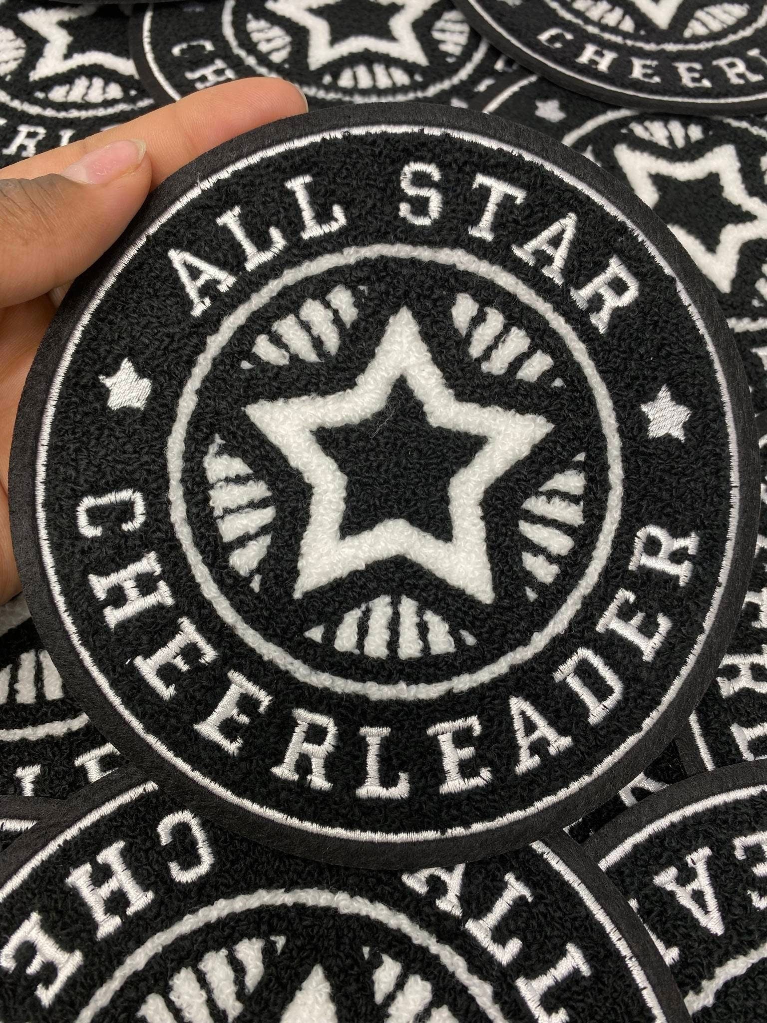 Chenille, "All-Star Cheerleader" Black & White Varsity Patch, Iron-on Applique for Jackets, Camo, Bags, Accessories, and DIY, Cheer Gift