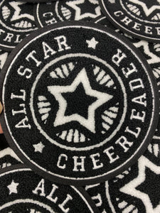 Chenille, "All-Star Cheerleader" Black & White Varsity Patch, Iron-on Applique for Jackets, Camo, Bags, Accessories, and DIY, Cheer Gift
