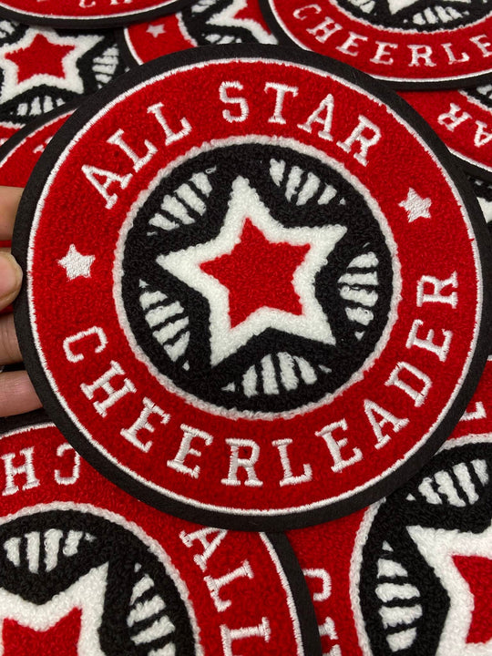 Chenille, "All-Star Cheerleader" Red/White/Blk Varsity Patch, Iron-on Applique for Jackets, Camo, Bags, Accessories, and DIY, Cheer Gift