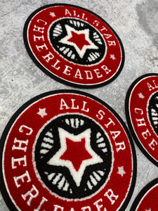 Chenille, "All-Star Cheerleader" Red/White/Blk Varsity Patch, Iron-on Applique for Jackets, Camo, Bags, Accessories, and DIY, Cheer Gift