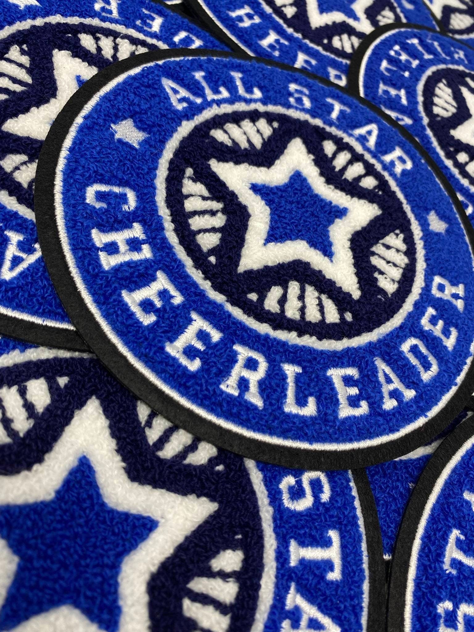 Chenille, "All-Star Cheerleader" Blue/White/Black Varsity Patch, Iron-on Applique for Jackets, Camo, Bags, Accessories, and DIY, Cheer Gift