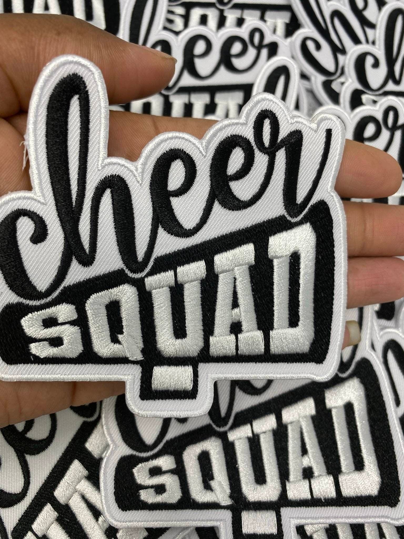 New Arrival,"Cheer Squad" Black/White, Cheerleading Patch, Iron-on Applique for Jackets, Camo, & Bags, Size 4", Cheerleader Patch