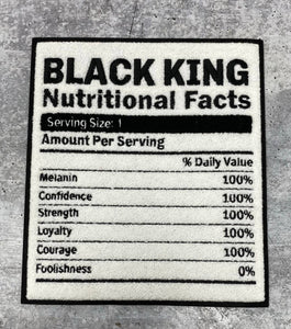 Popular Patch | CHENILLE "Black King Nutritional Facts" Patch, Iron or Sew-on Patch; Africa Patch, Patches for Men, Size 8.5", Varsity Patch