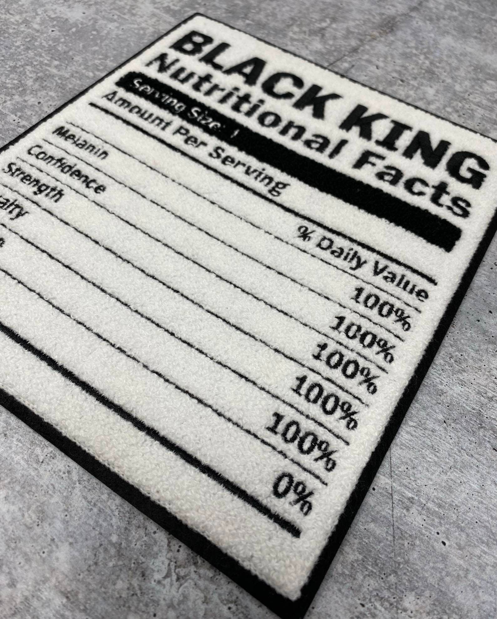 Popular Patch | CHENILLE "Black King Nutritional Facts" Patch, Iron or Sew-on Patch; Africa Patch, Patches for Men, Size 8.5", Varsity Patch