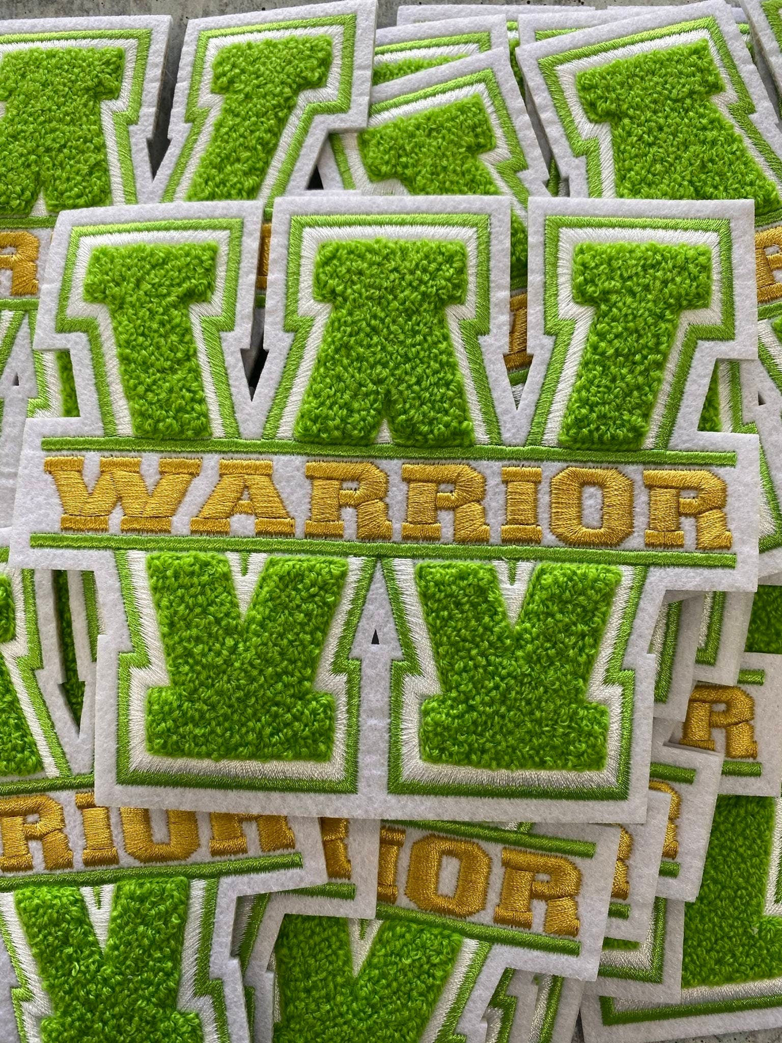 New, 1-pc, Monogram Letter, "W" Royalty, Chenille Iron-on Patch, Size 6", Green|Gold|White, Varsity Patch for Jackets and More