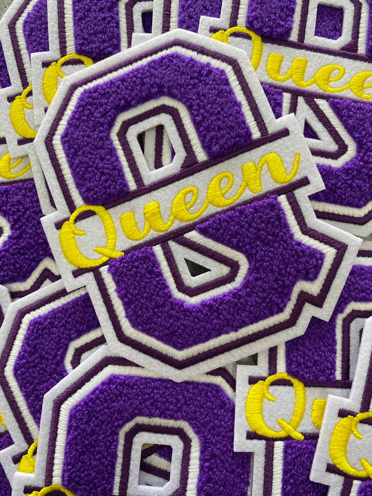 Chenille, Monogram Letter, "Q" Embroidered Word QUEEN, Purple, Yellow, White, Size 6", Iron-on Backing, Med Applique, Varsity Patch