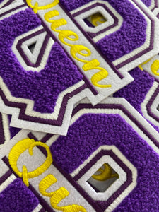 Chenille, Monogram Letter, "Q" Embroidered Word QUEEN, Purple, Yellow, White, Size 6", Iron-on Backing, Med Applique, Varsity Patch