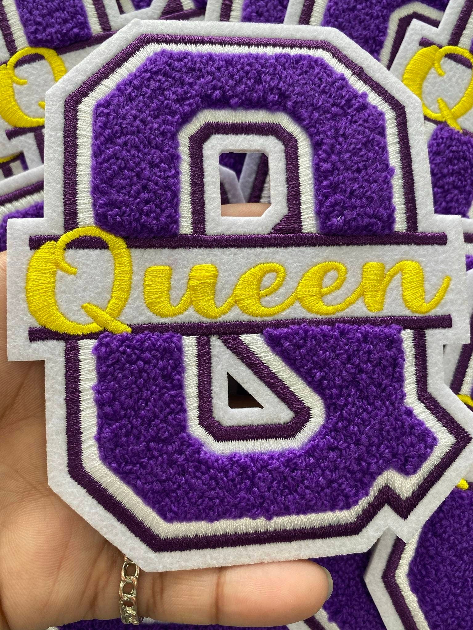 Chenille, Monogram Letter, "Q" Embroidered Word QUEEN, Purple, Yellow, White, Size 6", Iron-on Backing, Med Applique, Varsity Patch