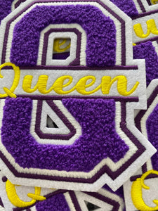 Chenille, Monogram Letter, "Q" Embroidered Word QUEEN, Purple, Yellow, White, Size 6", Iron-on Backing, Med Applique, Varsity Patch