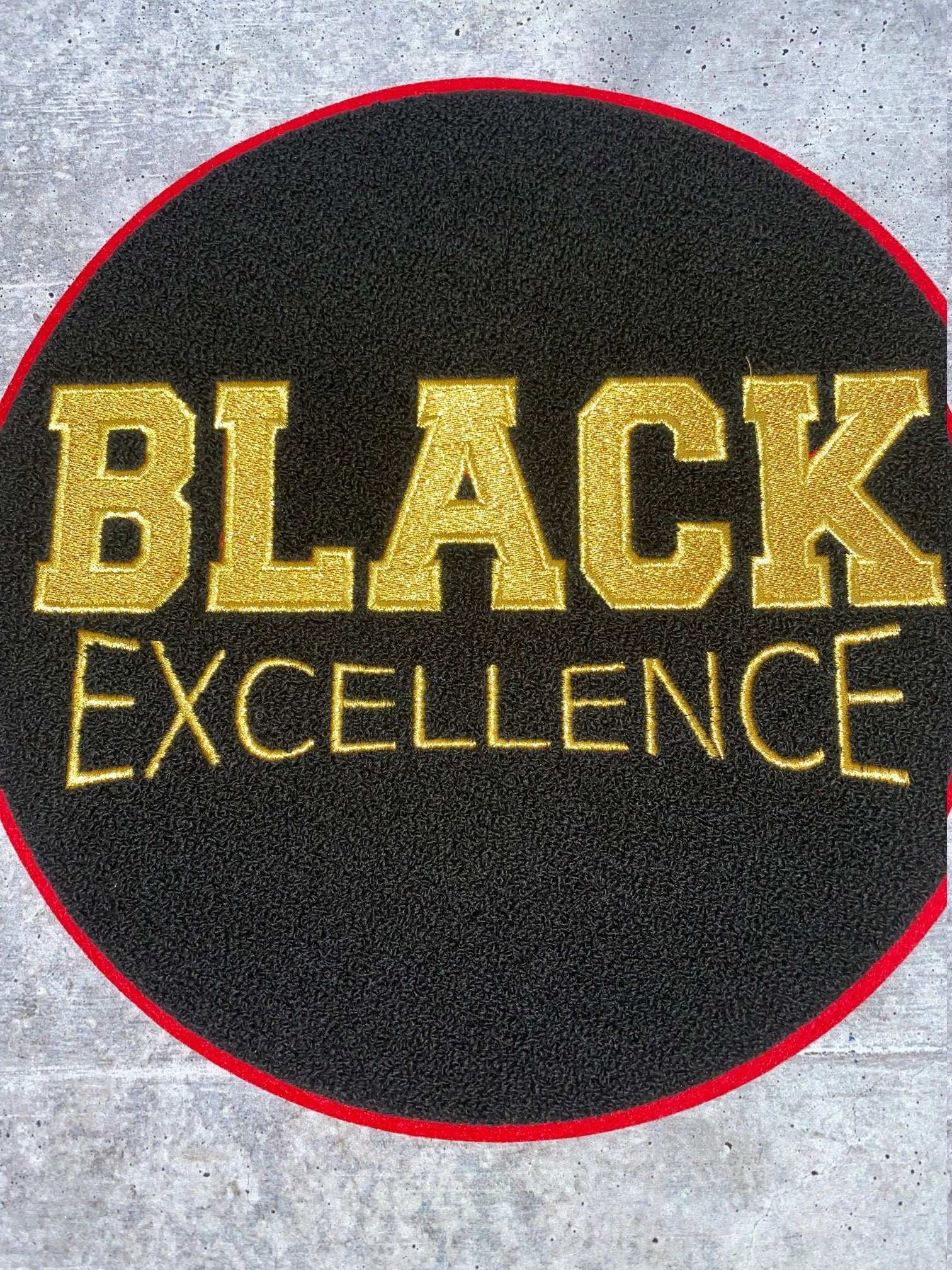 NEW, Chenille, "Black Excellence," LARGE Patch for Jackets or Hoodies, Size 10", Metallic Gold Wording, Red Border, Black History Month
