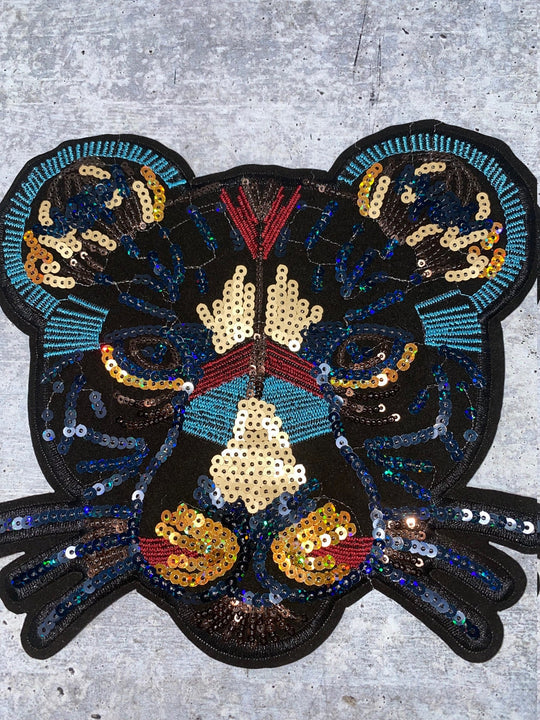New Arrival, Multi-Color Velvet Sequins "Panther" Head Sew-On Patch, Large Patch; Bling Patch, DIY Applique; Multicolor Patch, Size 9"