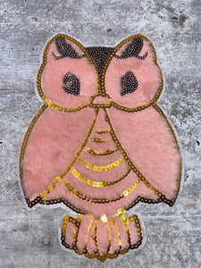 NEW, Pink & Gold, "OWL" Patch, Size 8", (sew-on), 1-pc Faux Fur and Sequins Fashion Applique, Patch for Clothing, Girls Jacket or Sweater