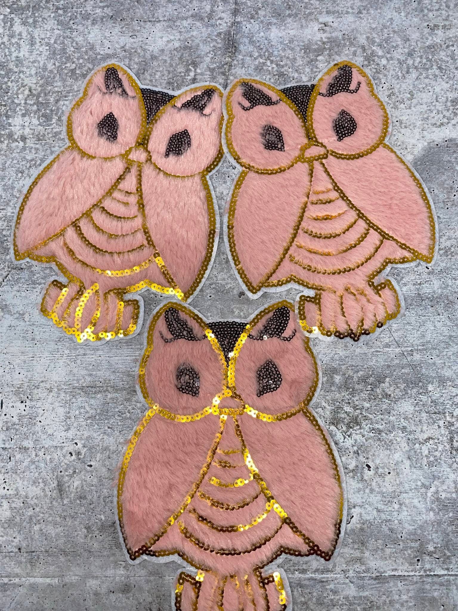 NEW, Pink & Gold, "OWL" Patch, Size 8", (sew-on), 1-pc Faux Fur and Sequins Fashion Applique, Patch for Clothing, Girls Jacket or Sweater