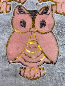 NEW, Pink & Gold, "OWL" Patch, Size 8", (sew-on), 1-pc Faux Fur and Sequins Fashion Applique, Patch for Clothing, Girls Jacket or Sweater