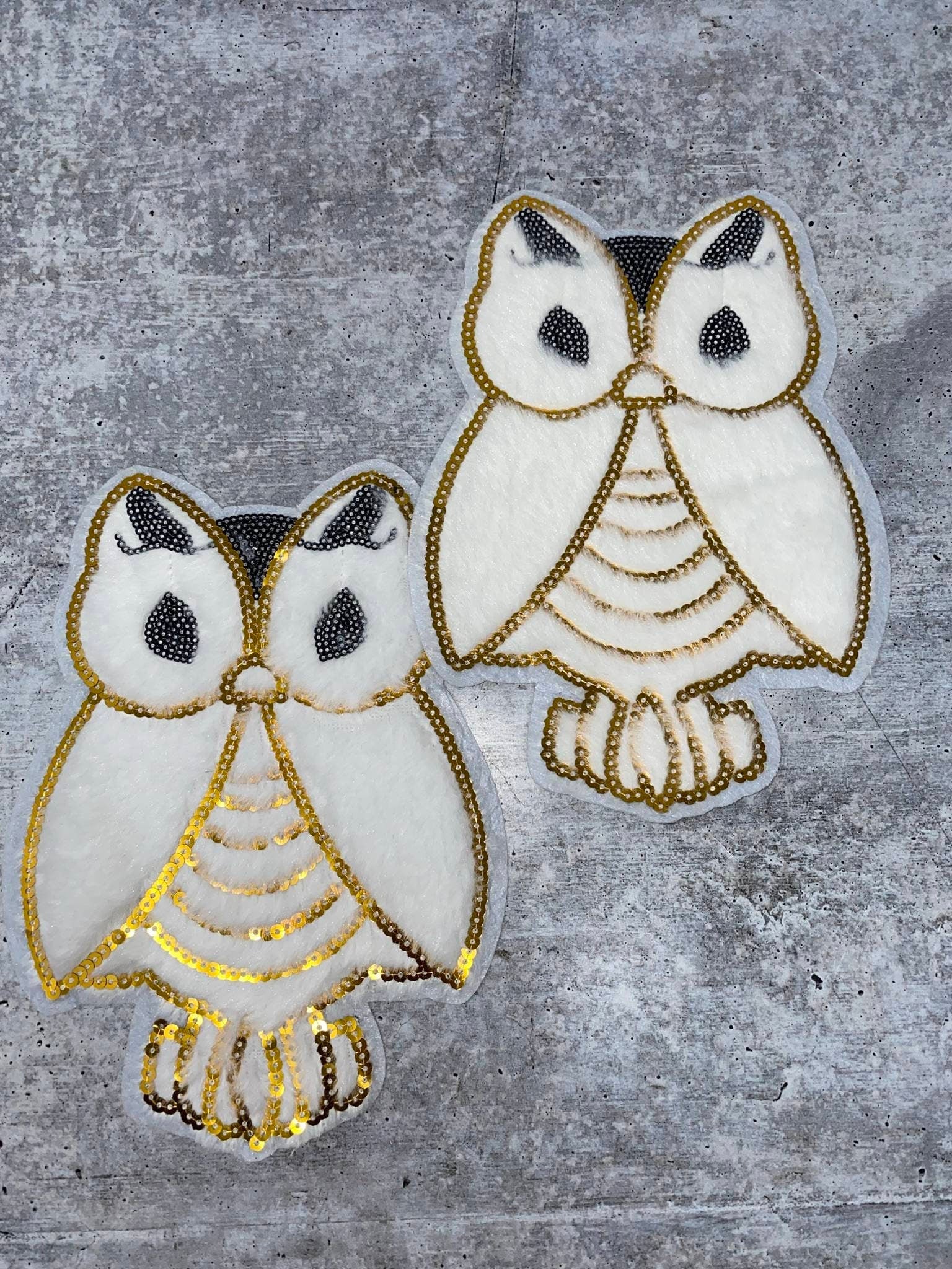 NEW, White & Gold, "OWL" Patch, Size 8", (sew-on), 1-pc Faux Fur and Sequins Fashion Applique, Patch for Clothing, Girls Jacket or Sweater