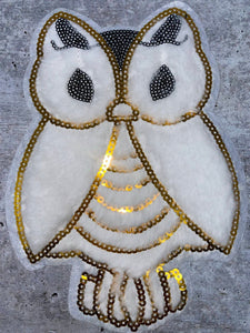 NEW, White & Gold, "OWL" Patch, Size 8", (sew-on), 1-pc Faux Fur and Sequins Fashion Applique, Patch for Clothing, Girls Jacket or Sweater