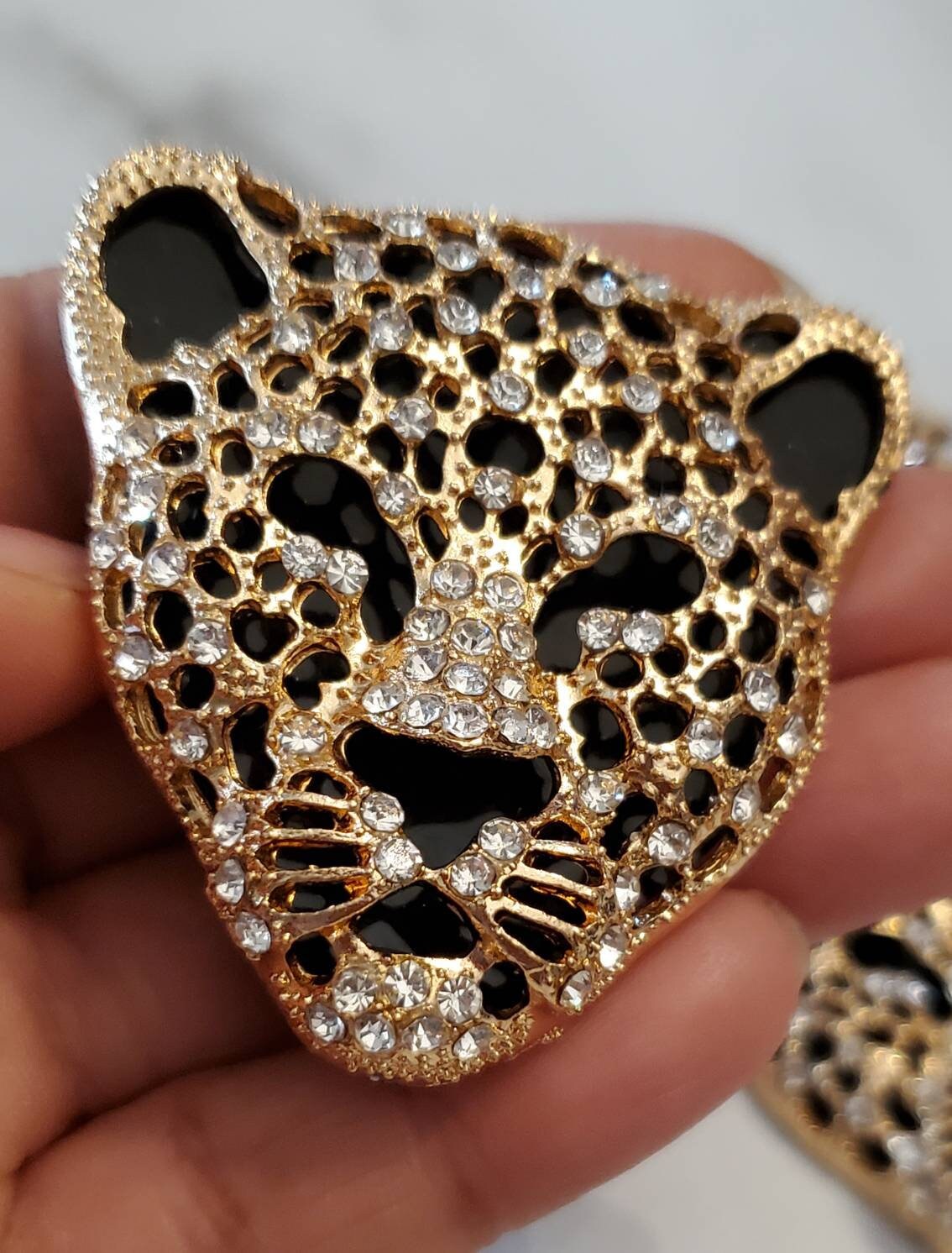Exclusive, Gold & Black Leopard Charm with Rhinestones, 1-pc Flatback Charm for Crocs, Phone Cases, Sunglasses, Decor, and More! Size 2"x2"