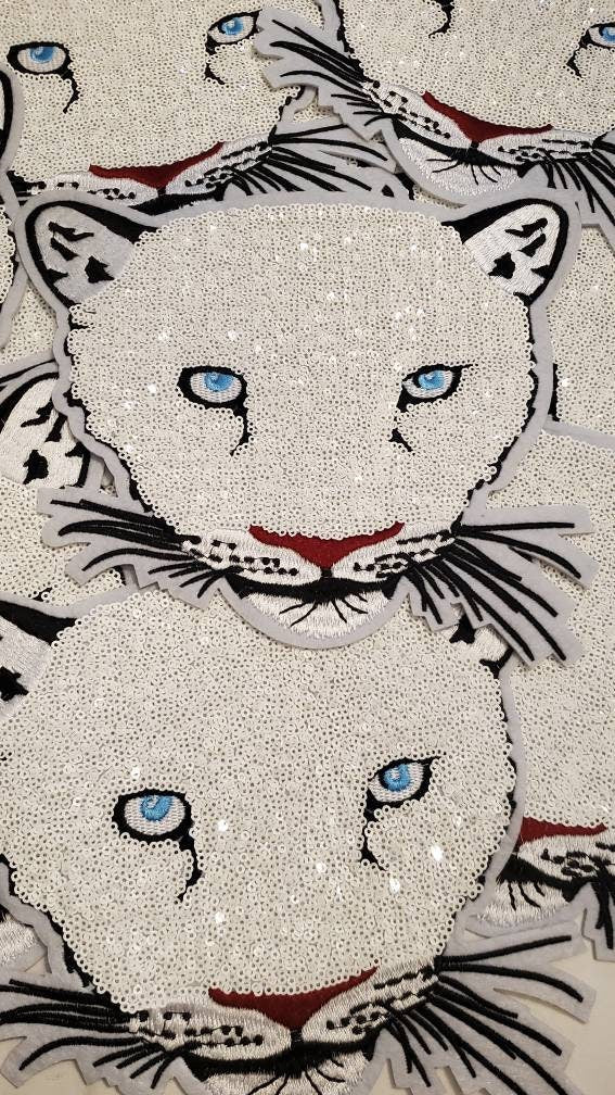 New Arrival, WHITE Sequins "Panther" Head, Iron-On Patch, Large Patch; Bling Patch, DIY Applique; Multicolor Patch, Size 9"