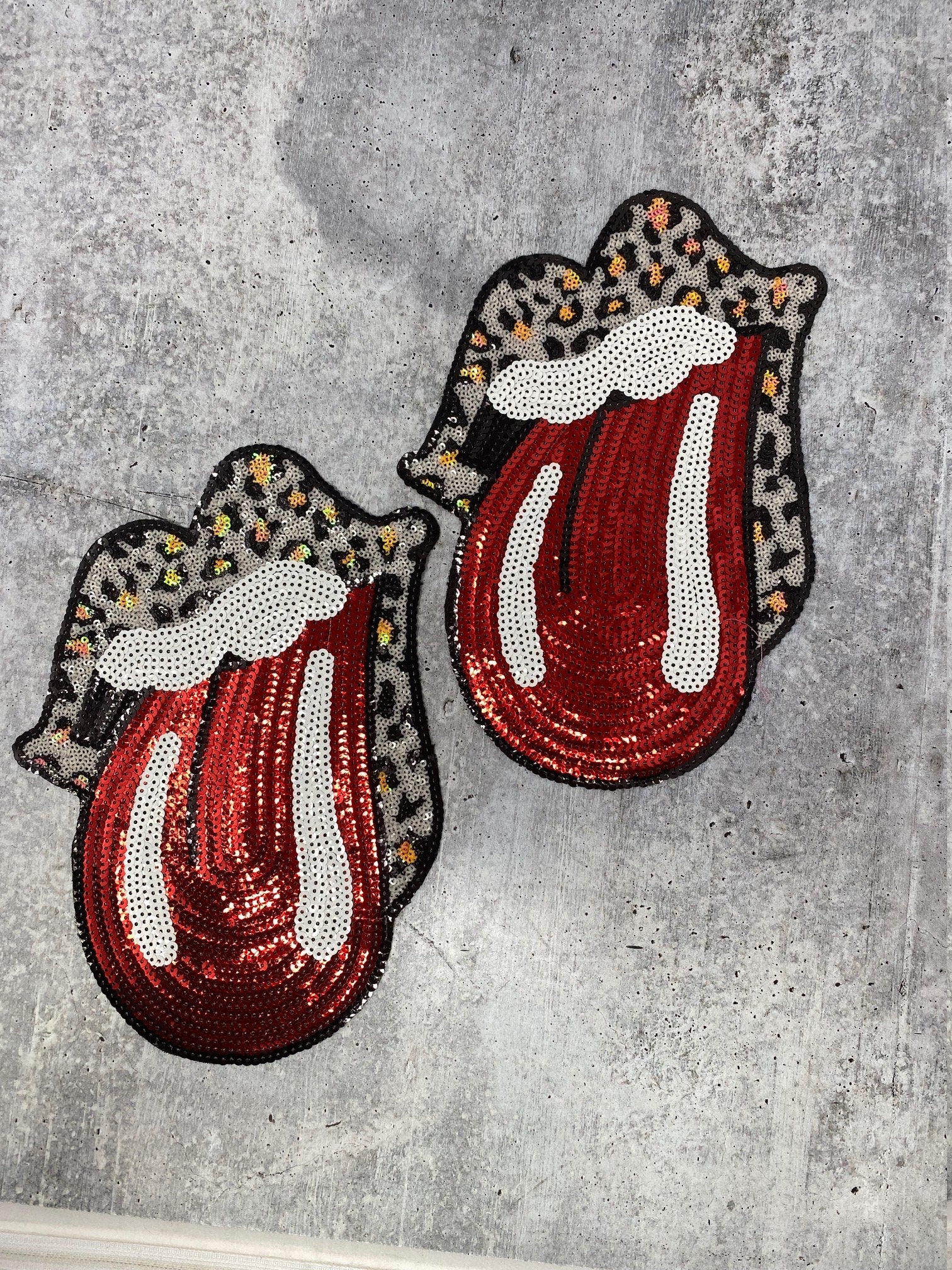 New, "Leopard" Sequins Lips and Tongue Patch (iron-on) Size 10", LARGE Bling Patch for Denim Jacket, Shirts, Hoodies, and More