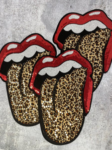 NEW, Leopard Sequin Lips With Velvet Tongue Patch (iron-on) Size 12", LARGE Bling Patch for Denim Jacket, Shirts, Hoodies, and More