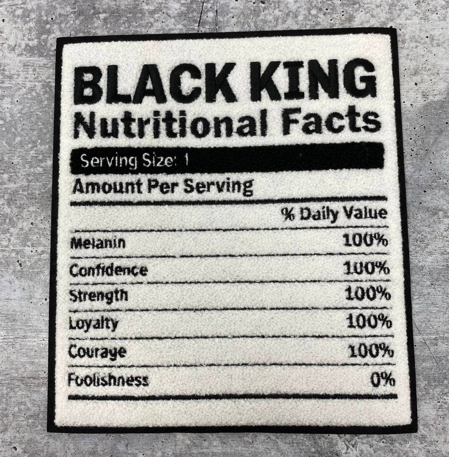 Popular Patch | CHENILLE "Black King Nutritional Facts" Patch, Iron or Sew-on Patch; Africa Patch, Patches for Men, Size 8.5", Varsity Patch