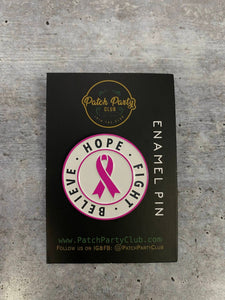 New, Breast Cancer Awareness, Enamel Pin "Hope, Fight, Believe" Pink & White, Exclusive Lapel Pin, Size 1.77 inches, w/Butterfly Clutch
